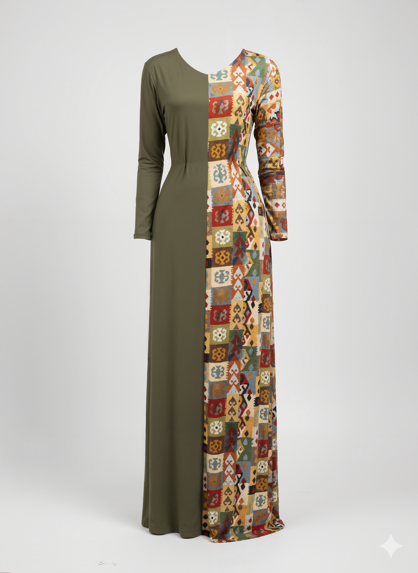 Olive Mosaic Long-Sleeve Maxi Dress