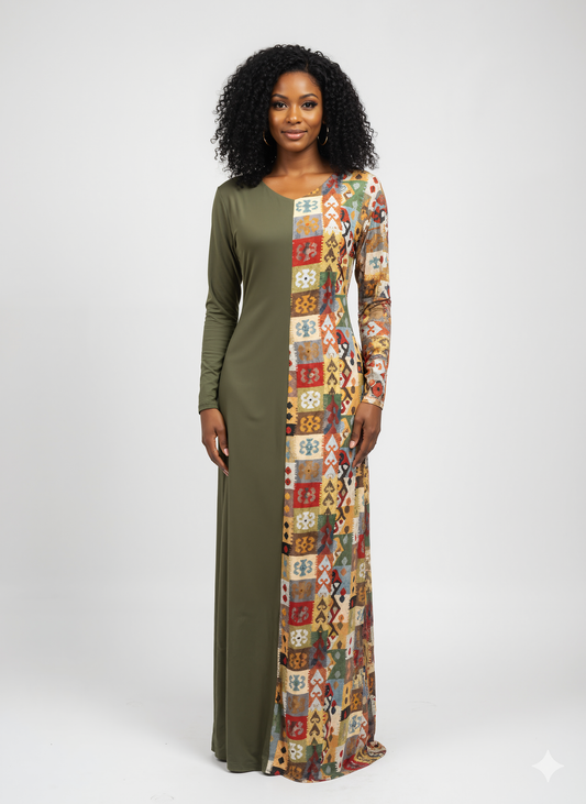 Olive Mosaic Long-Sleeve Maxi Dress